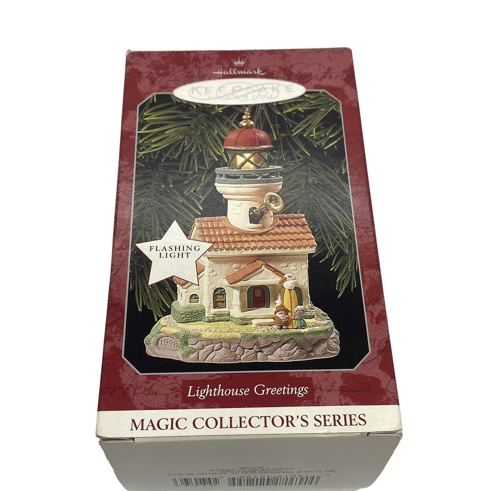 1998 Hallmark Handcrafted Lighthouse Greetings XMAS Ornament Flashing Light Box
